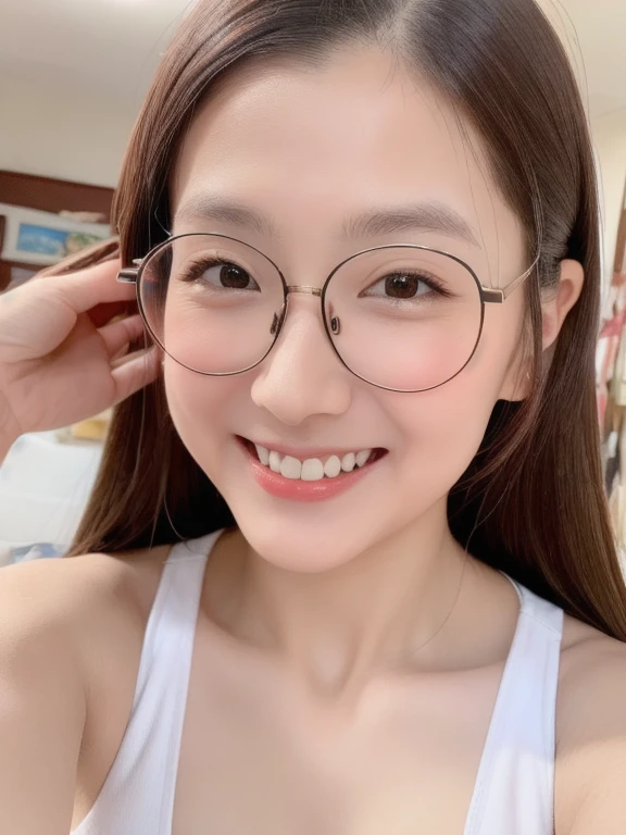 (realistic、masterpiece、Best Quality、8K、highres、high resolution:1.3)、1 glasses girl、Huge breasts、smile、white bikini、looking at viewers、super fine face and eyes、long hair、 upper body、