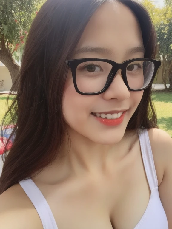 (realistic、masterpiece、Best Quality、8K、highres、high resolution:1.3)、1 glasses girl、Huge breasts、smile、white bikini、looking at viewers、super fine face and eyes、long hair、 upper body、