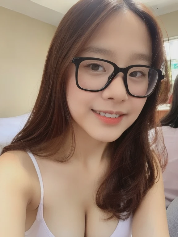 (realistic、masterpiece、Best Quality、8K、highres、high resolution:1.3)、1 glasses girl、Huge breasts、smile、white bikini、looking at viewers、super fine face and eyes、long hair、 upper body、