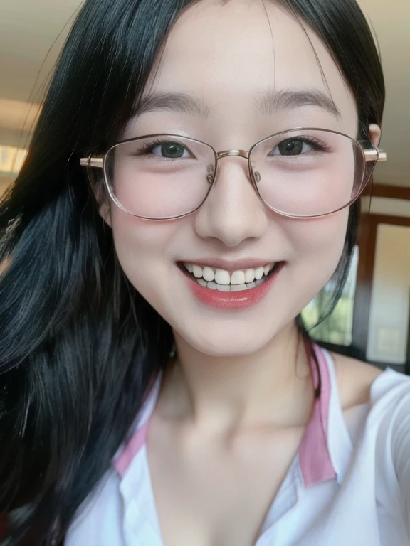 (realistic、masterpiece、Best Quality、8K、highres、high resolution:1.3)、1 glasses girl、Huge breasts、smile、white bikini、straight white teeth、looking at viewers、super fine face and eyes、long hair、indoor、 upper body、