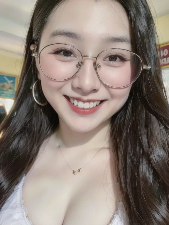 (realistic、masterpiece、Best Quality、8K、highres、high resolution:1.3)、1 glasses girl、Huge breasts、smile、white bikini、looking at viewers、super fine face and eyes、long hair、 upper body、