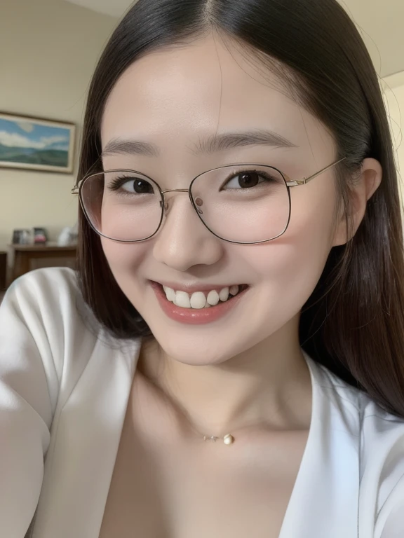 (realistic、masterpiece、Best Quality、8K、highres、high resolution:1.3)、1 glasses girl、Huge breasts、smile、white bikini、straight white teeth、looking at viewers、super fine face and eyes、long hair、indoor、 upper body、