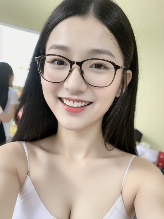 (realistic、masterpiece、Best Quality、8K、highres、high resolution:1.3)、1 glasses girl、Huge breasts、smile、white bikini、straight white teeth、looking at viewers、super fine face and eyes、long hair、indoor、 upper body、