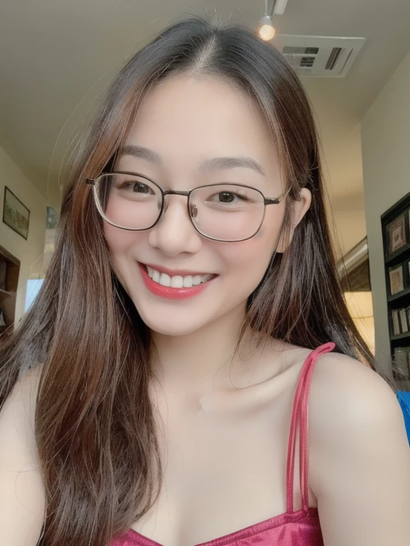 (realistic、masterpiece、Best Quality、8K、highres、high resolution:1.3)、1 glasses girl、Huge breasts、smile、white bikini、straight white teeth、looking at viewers、super fine face and eyes、long hair、indoor、 upper body、