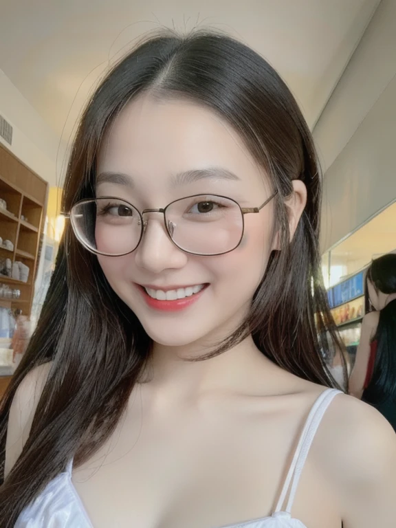 (realistic、masterpiece、Best Quality、8K、highres、high resolution:1.3)、1 glasses girl、Huge breasts、smile、white bikini、straight white teeth、looking at viewers、super fine face and eyes、long hair、indoor、 upper body、