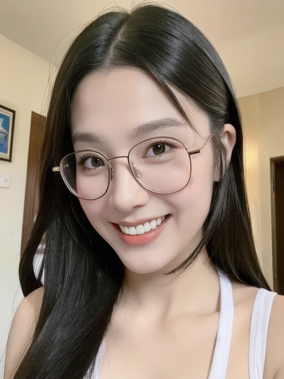 (realistic、masterpiece、Best Quality、8K、highres、high resolution:1.3)、1 glasses girl、Huge breasts、smile、white bikini、straight white teeth、looking at viewers、super fine face and eyes、long hair、indoor、 upper body、