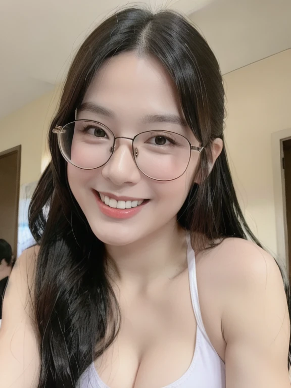 (realistic、masterpiece、Best Quality、8K、highres、high resolution:1.3)、1 glasses girl、Huge breasts、smile、white bikini、straight white teeth、looking at viewers、super fine face and eyes、long hair、indoor、 upper body、