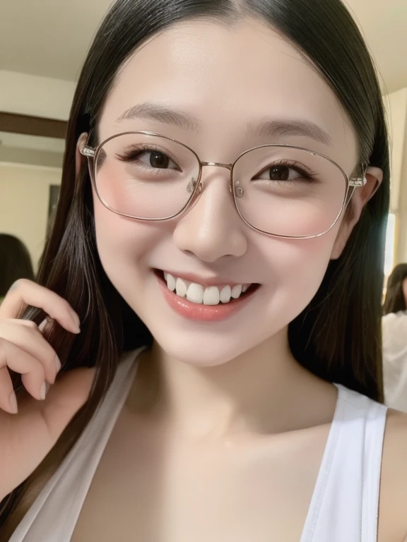 (realistic、masterpiece、Best Quality、8K、highres、high resolution:1.3)、1 glasses girl、Huge breasts、smile、white bikini、straight white teeth、looking at viewers、super fine face and eyes、long hair、indoor、 upper body、