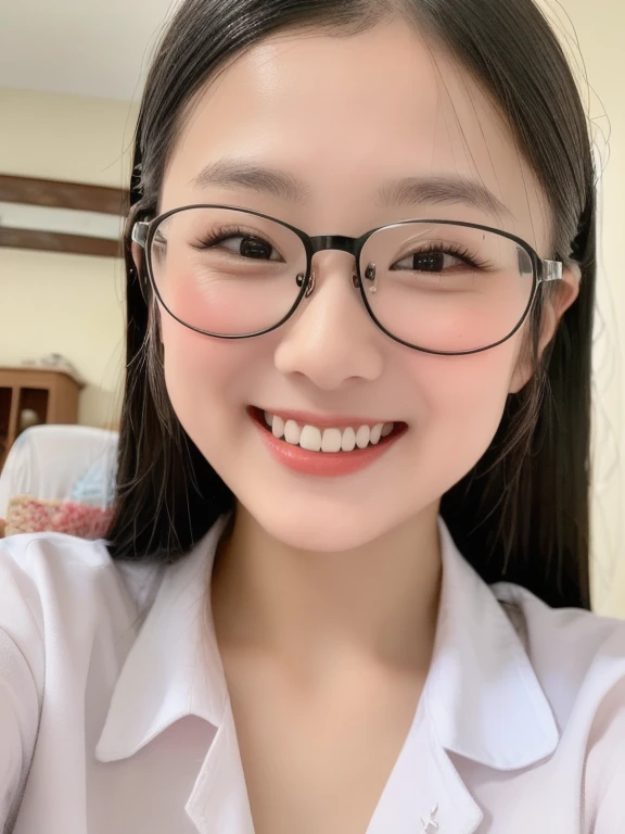 (realistic、masterpiece、Best Quality、8K、highres、high resolution:1.3)、1 glasses girl、Huge breasts、smile、white bikini、straight white teeth、looking at viewers、super fine face and eyes、long hair、indoor、 upper body、