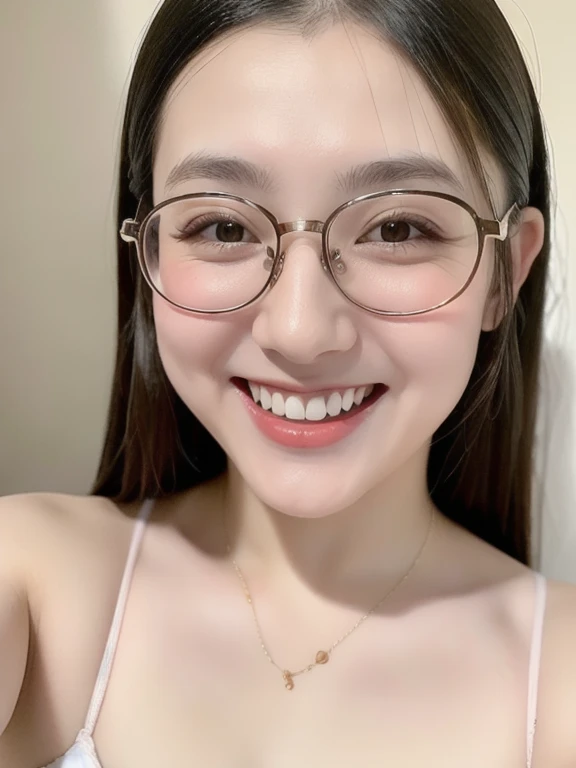 (realistic、masterpiece、Best Quality、8K、highres、high resolution:1.3)、1 glasses girl、Huge breasts、smile、white bikini、straight white teeth、looking at viewers、super fine face and eyes、long hair、indoor、 upper body、