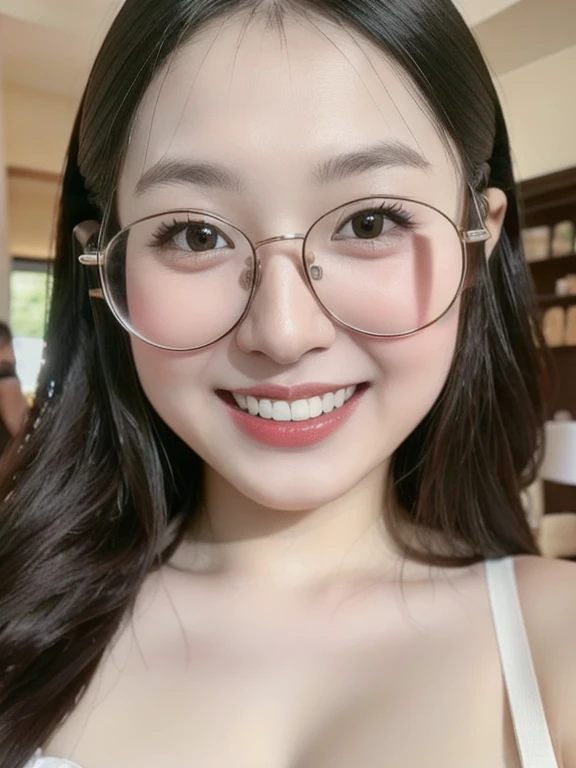 (realistic、masterpiece、Best Quality、8K、highres、high resolution:1.3)、1 glasses girl、Huge breasts、smile、white bikini、straight white teeth、looking at viewers、super fine face and eyes、long hair、indoor、 upper body、