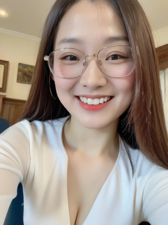 (realistic、masterpiece、Best Quality、8K、highres、high resolution:1.3)、1 glasses girl、Huge breasts、smile、white bikini、straight white teeth、looking at viewers、super fine face and eyes、long hair、indoor、 upper body、