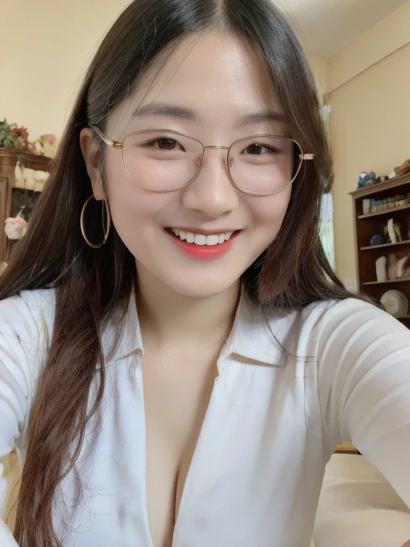 (realistic、masterpiece、Best Quality、8K、highres、high resolution:1.3)、1 glasses girl、Huge breasts、smile、white bikini、straight white teeth、looking at viewers、super fine face and eyes、long hair、indoor、 upper body、