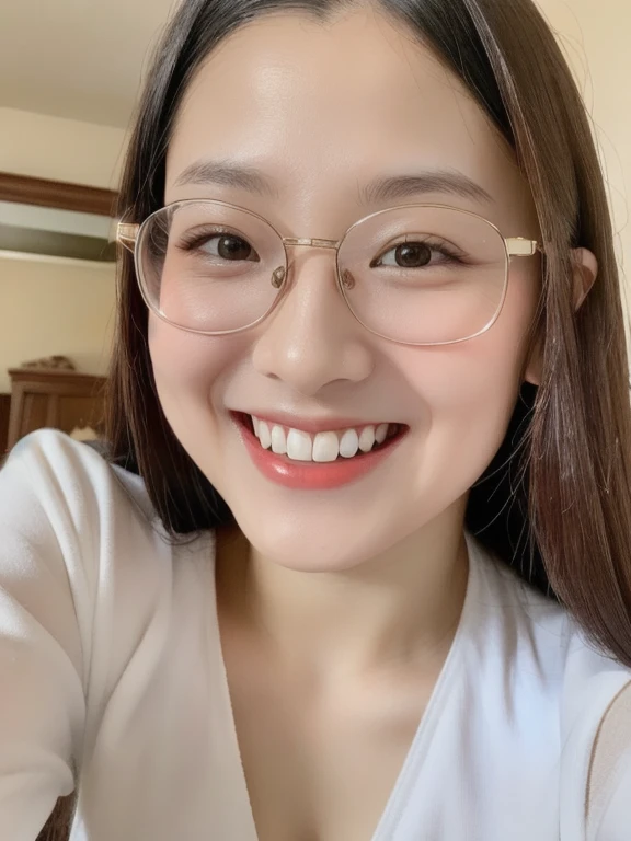 (realistic、masterpiece、Best Quality、8K、highres、high resolution:1.3)、1 glasses girl、Huge breasts、smile、white bikini、straight white teeth、looking at viewers、super fine face and eyes、long hair、indoor、 upper body、