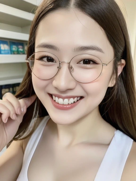 (realistic、masterpiece、Best Quality、8K、highres、high resolution:1.3)、1 glasses girl、Huge breasts、smile、white bikini、straight white teeth、looking at viewers、super fine face and eyes、long hair、indoor、 upper body、