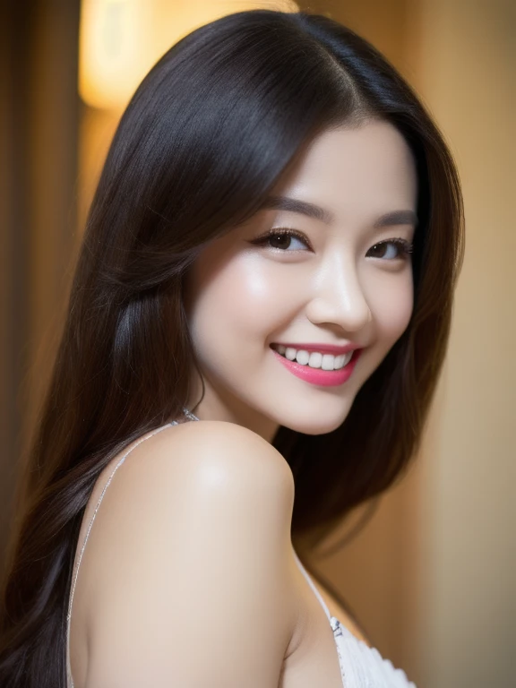 (realistic、masterpiece、Best Quality、8K、highres、high resolution:1.3)、1 glasses girl、Huge breasts、smile、white bikini、straight white teeth、looking at viewers、super fine face and eyes、long hair、indoor、 upper body、