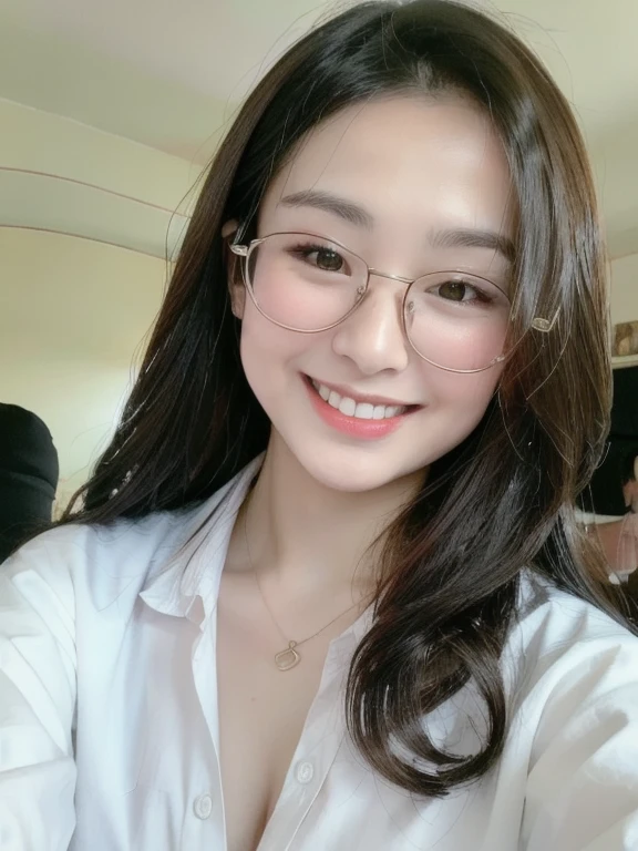 (realistic、masterpiece、Best Quality、8K、highres、high resolution:1.3)、1 glasses girl、Huge breasts、smile、white bikini、straight white teeth、looking at viewers、super fine face and eyes、long hair、indoor、 upper body、