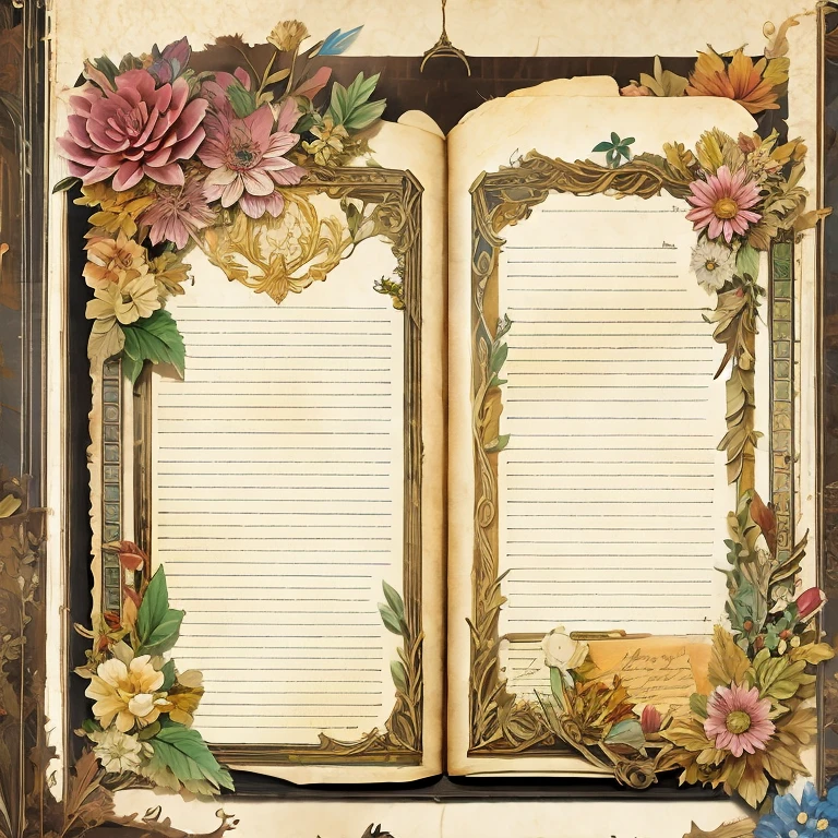 junk journal page, ephemera paper design, ornate with border page illustration, vintage book, plaid, vintage colors, muted colors, witch, blank space for writing on center side