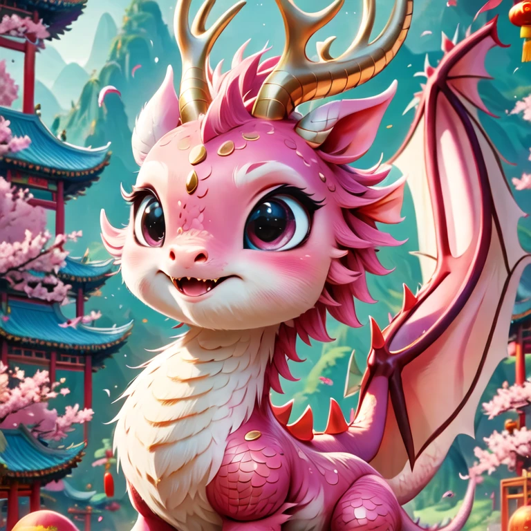 (masterpiece, best quality:1.2), Q version, cute little dragon, Chinese style, pink space, festival atmosphere, Spring Festival, cute dragon horn, Chinese elements, cartoon, cute pets, lively.
