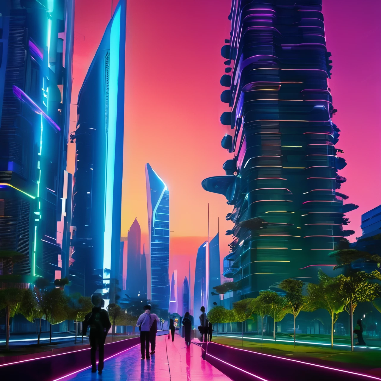 Describe a futuristic cityscape in 2050, Where futuristic skyscrapers rise up to the sky, illuminated by pulsing neon lights. The streets are lined with silent flying vehicles, enquanto hologramas flutuantes exibem publicidade interativa. Vertical gardens cover the facades of the buildings, combinando natureza e tecnologia. The sidewalks are made of self-cleaning material and change color as people pass by. Descreva os sons, smells and physical sensations of this futuristic landscape, 8k, cinematic ilumionation. Tall buildings, skyscrapers, awe inspiring, sci-fi