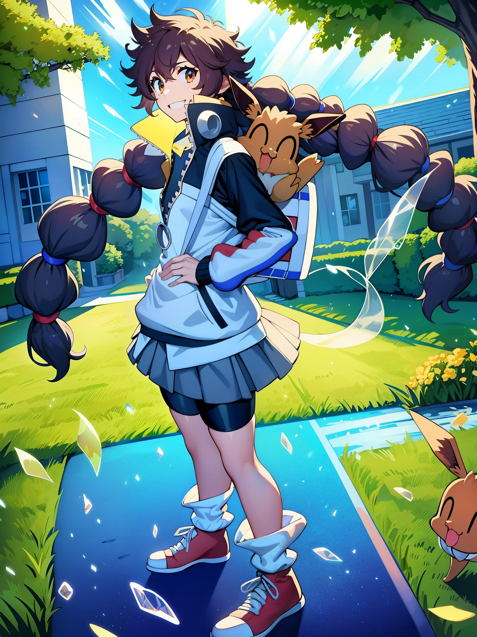 Pokémon、「GOCHA」、BUMP OF CHICKEN、『acacia』、1 girl、solo、woman、smile、Jacket、zipper、long sleeve、グレーskirt、skirt、プリーツskirt、zipperプルタブ、bike shorts、shoes、Backpack、socks、hair tie、garden、flower、standing、v、peace sign、cowboy shot、Eevee、Pokémon\(living things\)、^^、Water → Electricity → Water → Ice → Fire → Rock → Grass → Poison → Psychic → Ghost → Dark(outside the frame)→バグ→fairy→dragon→steel→nomal→格闘→飛行。、fairy、dragon、steel、nomal