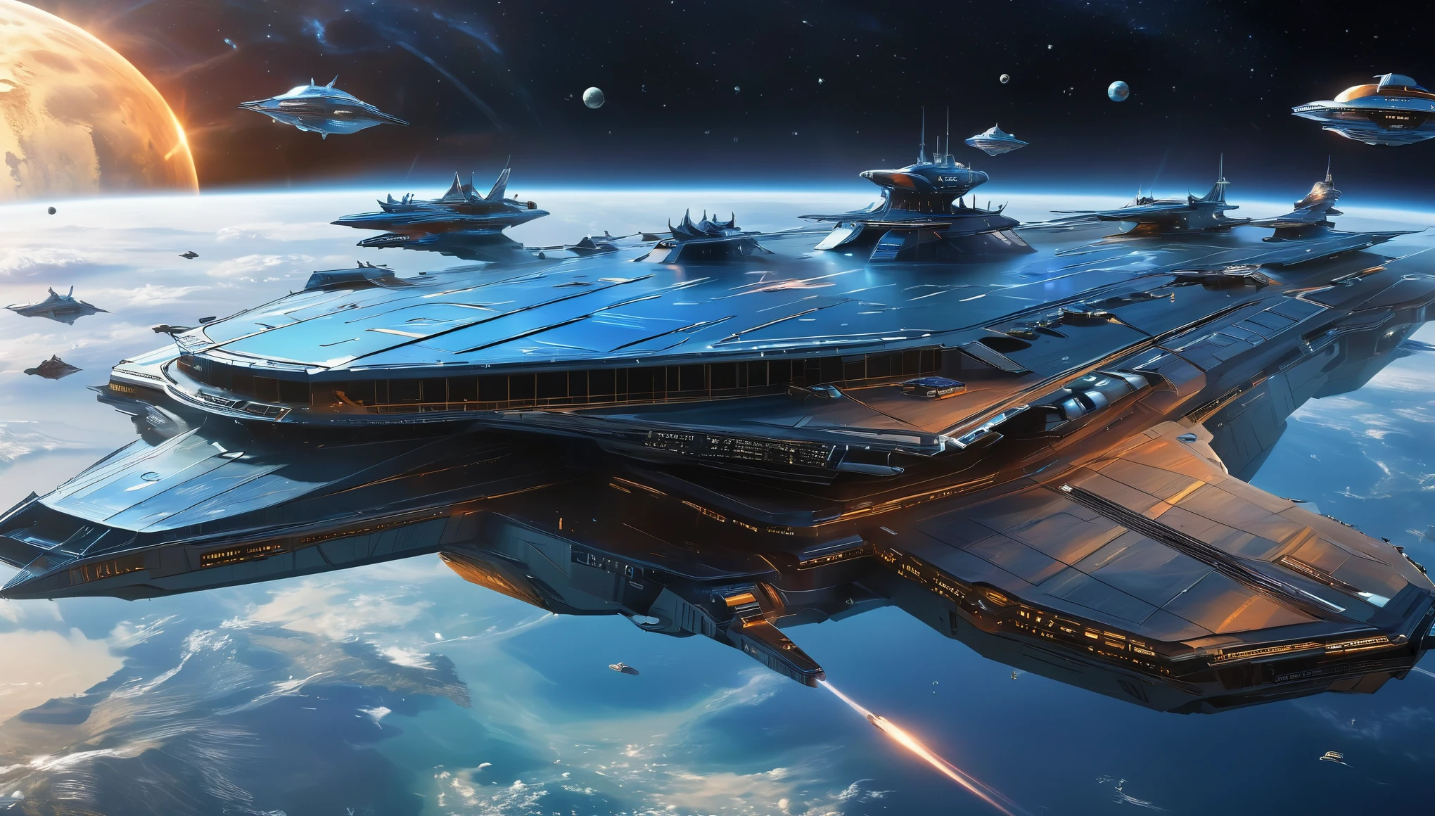 (a large space carrier),(futuristic),(powered by advanced technology),(sleek and imposing design),(silently floating in space),(with massive engines propelling it forward),(6 levels with docking bays),(giant glass windows revealing the cosmos),(surrounded by a protective force field),(emitting a soft blue light),(with intricate laser cannons on its sides),(painted with the Chinese symbol for strength and unity),(accommodating a diverse crew from different cultures),(including engineers, scientists, and astronauts),(wearing futuristic uniforms),(performing their duties with precision and expertise),(a bustling command center with holographic displays and control panels),(captain's quarters with a breathtaking view of the stars),(a spacious botanical garden with exotic plants from Earth and beyond),(training facilities for zero-gravity simulations and martial arts),(a medical bay equipped with advanced healing technologies),(leisure areas for crew members to relax and socialize),(virtual reality rooms for immersive entertainment),(a majestic observation deck with panoramic views),(celestial bodies passing by in mesmerizing colors),(creating a sense of awe and wonder),(capturing the essence of exploration and human ingenuity),(with a timeless beauty that transcends borders and cultures),(combining art, technology, and the spirit of the universe). (best quality, ultra-detailed),(realistic),(HDR),(vivid colors),(sharp focus),(physically-based rendering:1.2),(masterpiece:1.1),(UHD),(professional lighting),(bokeh).