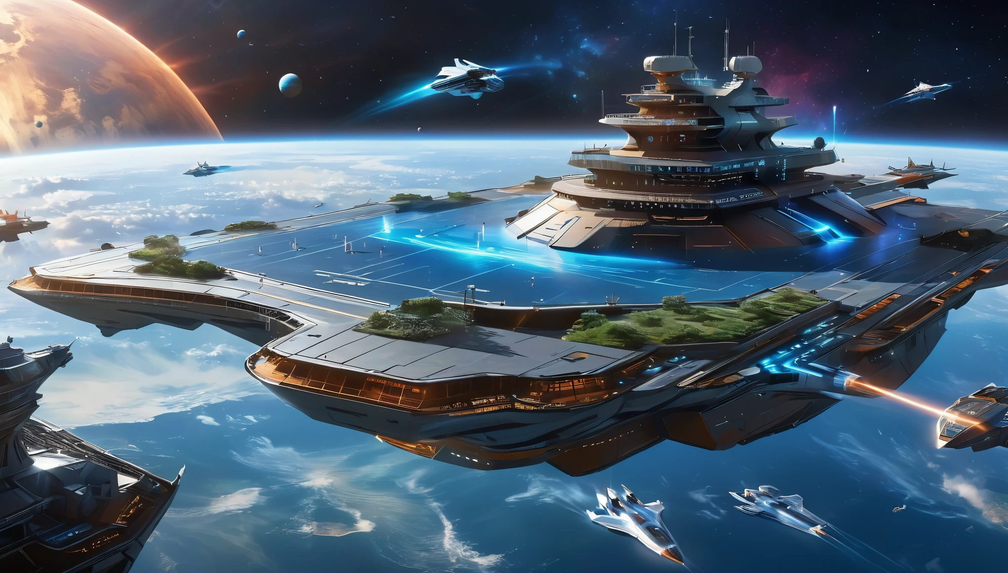 (a large space carrier),(futuristic),(powered by advanced technology),(sleek and imposing design),(silently floating in space),(with massive engines propelling it forward),(6 levels with docking bays),(giant glass windows revealing the cosmos),(surrounded by a protective force field),(emitting a soft blue light),(with intricate laser cannons on its sides),(painted with the Chinese symbol for strength and unity),(accommodating a diverse crew from different cultures),(including engineers, scientists, and astronauts),(wearing futuristic uniforms),(performing their duties with precision and expertise),(a bustling command center with holographic displays and control panels),(captain's quarters with a breathtaking view of the stars),(a spacious botanical garden with exotic plants from Earth and beyond),(training facilities for zero-gravity simulations and martial arts),(a medical bay equipped with advanced healing technologies),(leisure areas for crew members to relax and socialize),(virtual reality rooms for immersive entertainment),(a majestic observation deck with panoramic views),(celestial bodies passing by in mesmerizing colors),(creating a sense of awe and wonder),(capturing the essence of exploration and human ingenuity),(with a timeless beauty that transcends borders and cultures),(combining art, technology, and the spirit of the universe). (best quality, ultra-detailed),(realistic),(HDR),(vivid colors),(sharp focus),(physically-based rendering:1.2),(masterpiece:1.1),(UHD),(professional lighting),(bokeh).