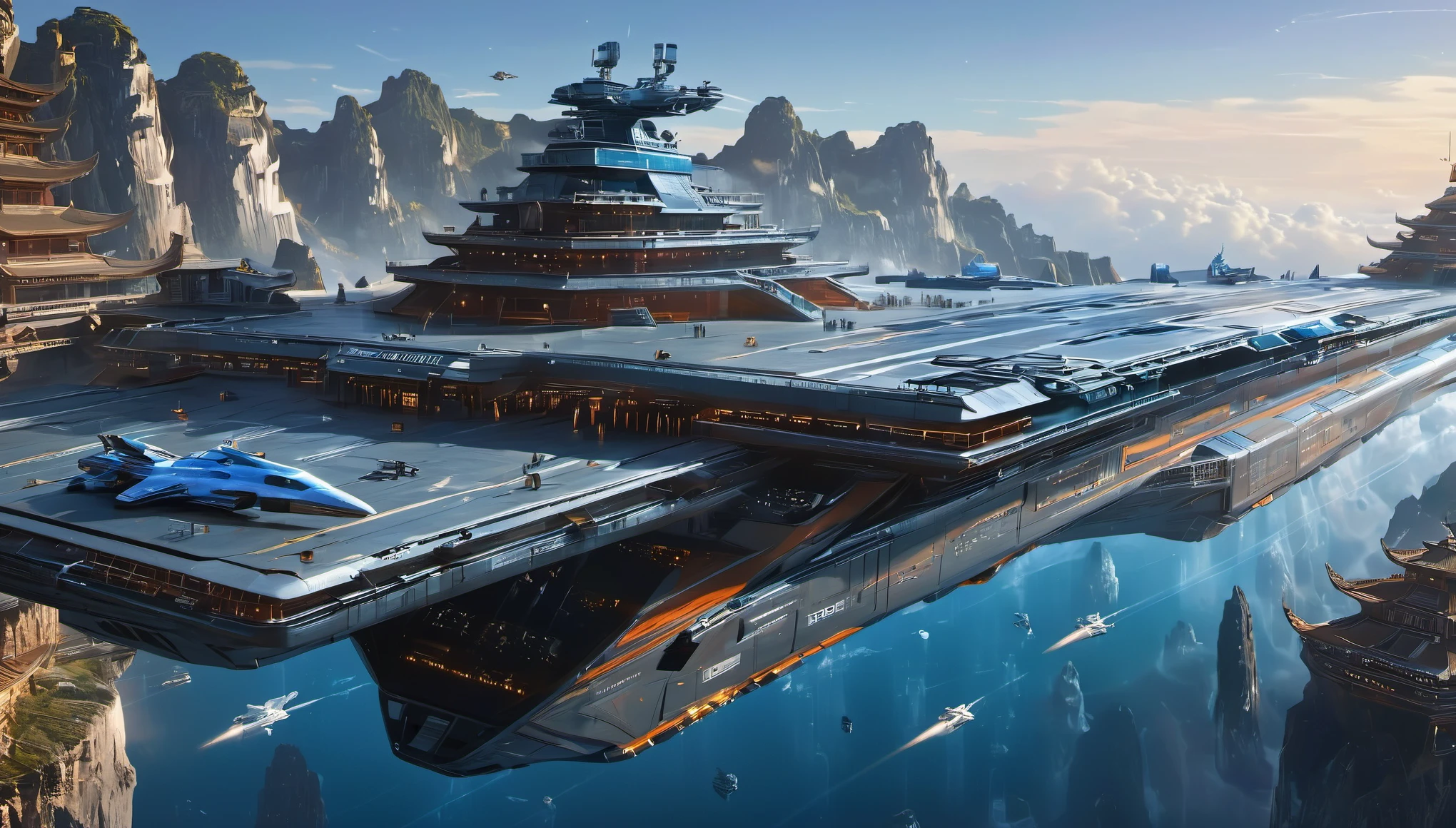 (a large space carrier),(futuristic),(powered by advanced technology),(sleek and imposing design),(silently floating in space),(with massive engines propelling it forward),(6 levels with docking bays),(giant glass windows revealing the cosmos),(surrounded by a protective force field),(emitting a soft blue light),(with intricate laser cannons on its sides),(painted with the Chinese symbol for strength and unity),(accommodating a diverse crew from different cultures),(including engineers, scientists, and astronauts),(wearing futuristic uniforms),(performing their duties with precision and expertise),(a bustling command center with holographic displays and control panels),(captain's quarters with a breathtaking view of the stars),(a spacious botanical garden with exotic plants from Earth and beyond),(training facilities for zero-gravity simulations and martial arts),(a medical bay equipped with advanced healing technologies),(leisure areas for crew members to relax and socialize),(virtual reality rooms for immersive entertainment),(a majestic observation deck with panoramic views),(celestial bodies passing by in mesmerizing colors),(creating a sense of awe and wonder),(capturing the essence of exploration and human ingenuity),(with a timeless beauty that transcends borders and cultures),(combining art, technology, and the spirit of the universe). (best quality, ultra-detailed),(realistic),(HDR),(vivid colors),(sharp focus),(physically-based rendering:1.2),(masterpiece:1.1),(UHD),(professional lighting),(bokeh).