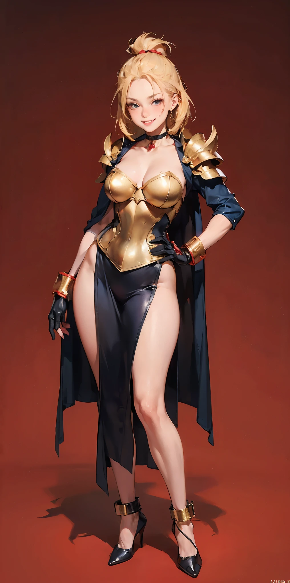 ((RED BACKGROUND)) Female full body standing straight symmetrical, looking at viewer, golden (skin, breastplate, choker, bracers, handcuffs, shackles, high heels), lustful smirking smile face red blushed red cheeks, hands (clenching) on hips, shoulder armor, faulds, poleyn, gloves, gauntlets, blindfolded golden cloth, lustful smirking smile face red blushed, red cheeks