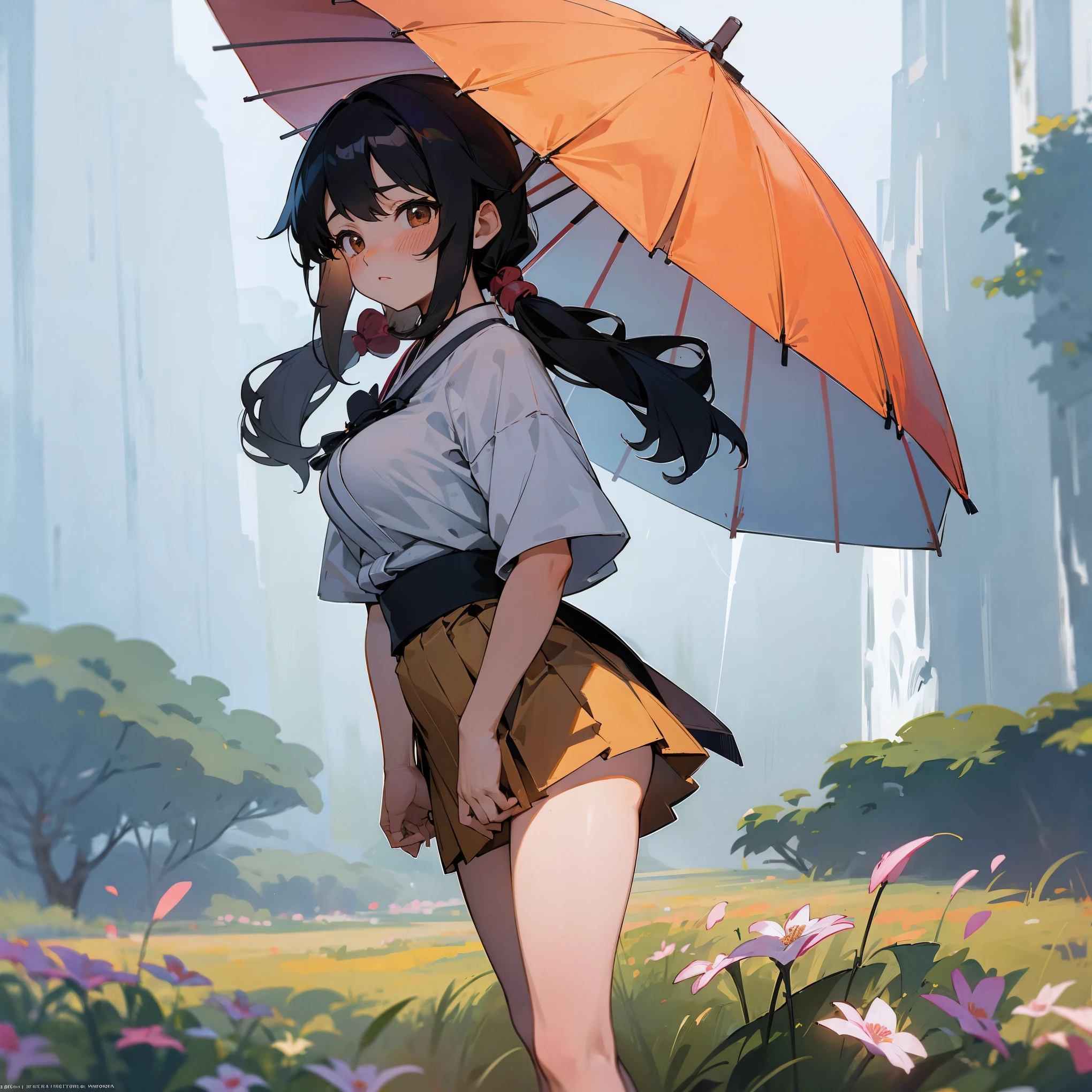 1female, adult, big breast, tan skin, finely detailed brown eyes, long wavy pigtails, pale black hair color, loose open yukata, short skirt, japanese umbrella, blushing, standing in flower field, waterfall, night, somber expression, village background, serious