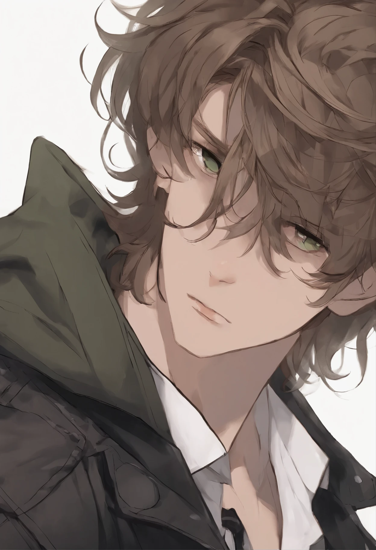 In an anime style: an attractive, bored looking man.  adult. He has brown, short, messy wavy hair with an undercut. His eyes are a dusty green. He has an alternative style, wearing dark clothes and a dark black leather jacket. He looks tired. He is clean shaven. His face is angular. Manly but pretty. Eyes are narrow, untrusting. Background is a dark, city street.