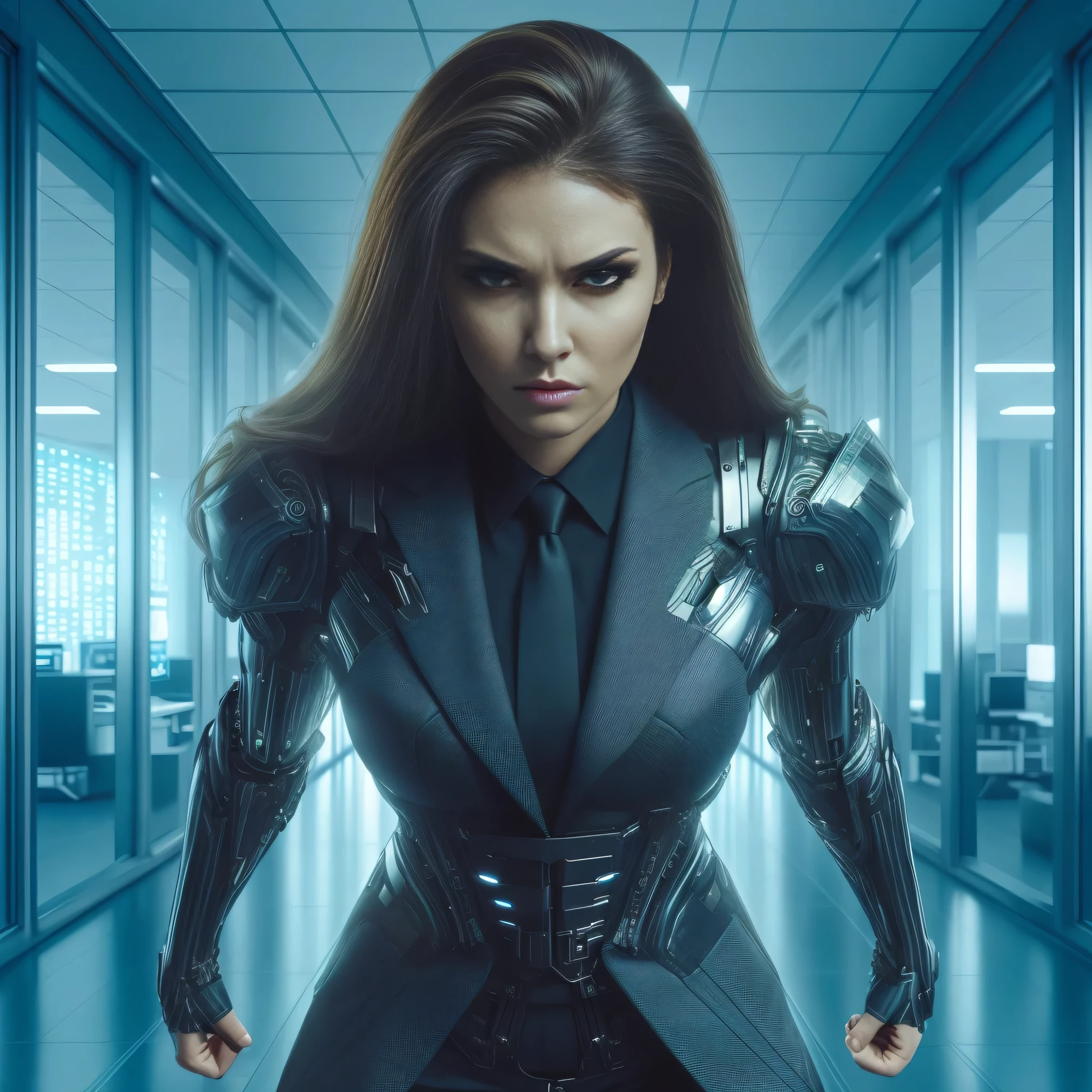 arafed woman in a suit and tie in a hallway, cyberpunk angry gorgeous goddess, cyborg woman, seductive cyberpunk dark fantasy, female cyborg in data center, cyborg fashion model, cyborg fashion shot, cyborg girl, angry female cyborg, cyberpunk women, perfect cyborg female, cyber suit, cyberpunk woman, fashionable futuristic woman, cyborg noble woman, movie still of a villain cyborg