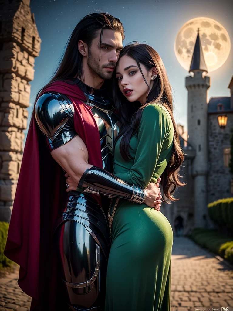 woman (((((satisfied, night, dark, full moon, green velvet evening gown, black red cape, vampire, (((handsome athletic male embracing ([african:european:0.5] woman)))), black chrome armor:1.8, romance novel cover, medieval castle)), black lips, dark makeup))), posing, dynamic cinematic pose, at night, dark, feminine athletic detailed body and face, highly detailed expressive , space above head, depth of field, ultra realistic, Fujifilm, BREAK (long dark hair), (((8k, hyperrealistic)))