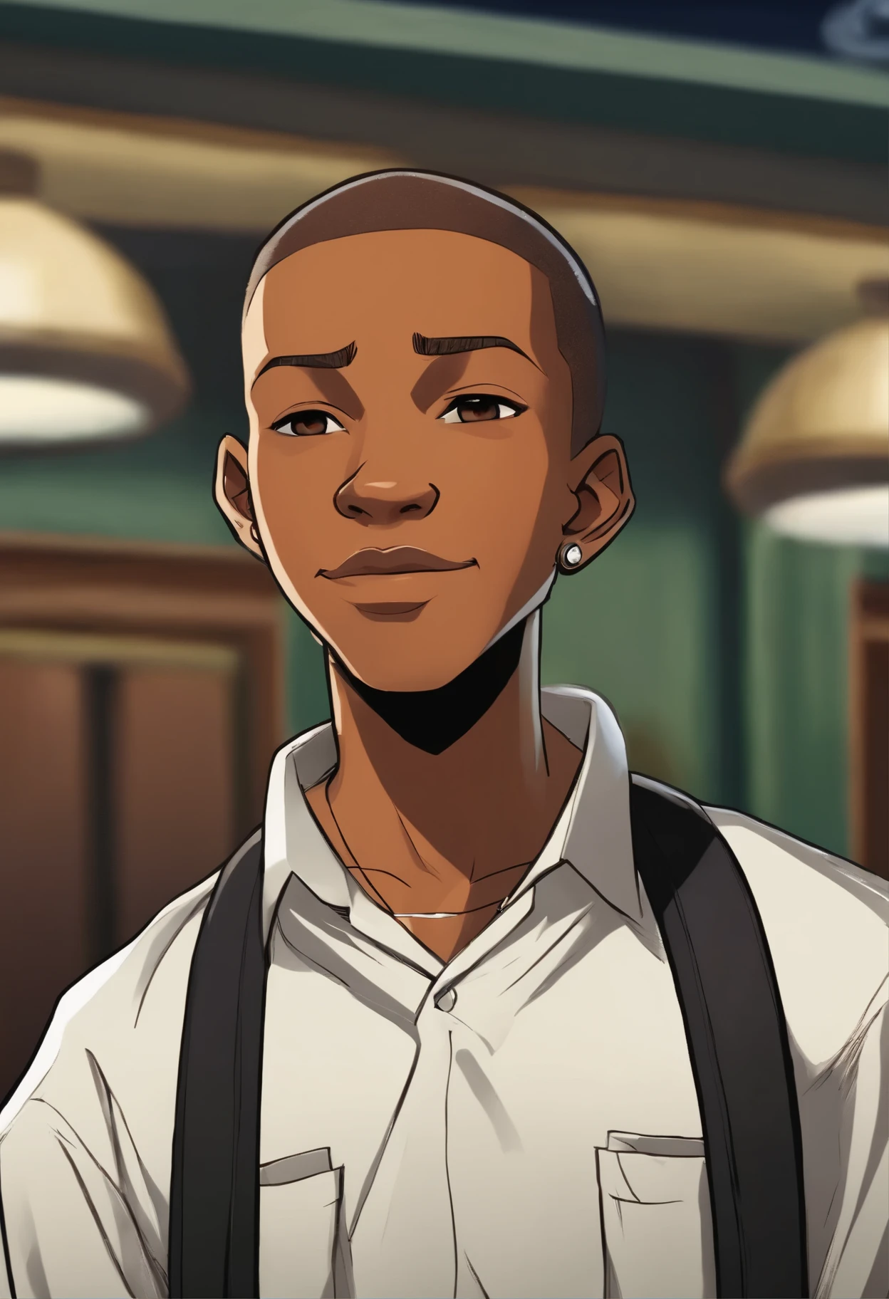 boondocks character ,A 19-year-old Brazilian ager, brown, short black buzz haircut, tall and thin, wearing a school uniform, with , with a goatee and mustache combo