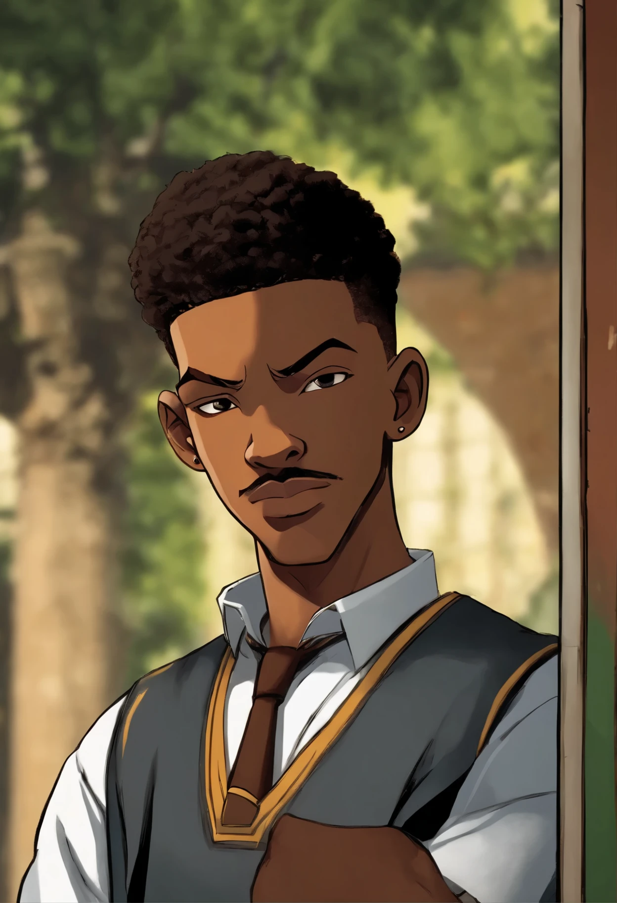 boondocks character ,A 19-year-old Brazilian teenager, brown, short black buzz haircut, tall and thin, wearing a school uniform, with , with a goatee and mustache combo