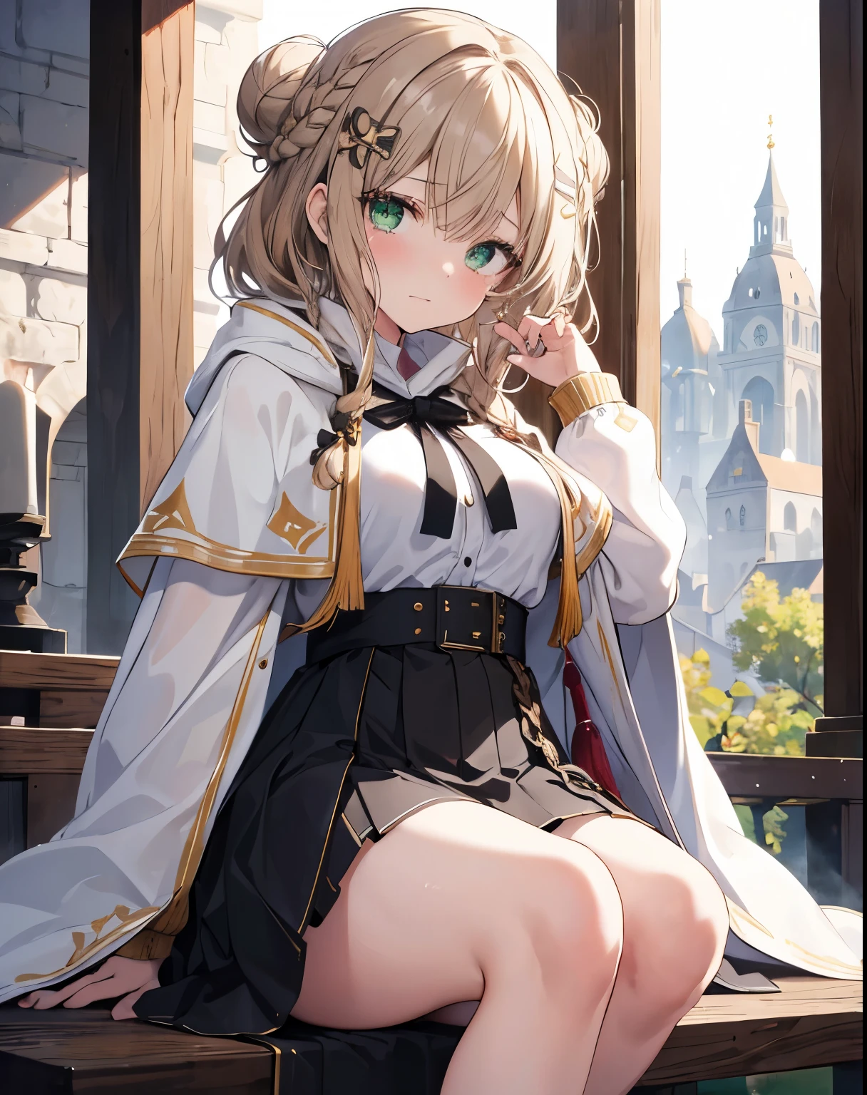 masterpiece,1girl, sparrow, a light brown haired girl, wearing a priestess uniform, curly medium hair, messy hair, black skirt, slim body, wearing white capelet with white hoody, medium breasts, she close her left eye, shirt ornament, lolippai, sad expression, beautiful breasts, rounded breasts, green eyes, dress, miniskirt, sit at medieval city, ahoge, she wearing her hoody, craven faces, tears, hair bun, braid hair