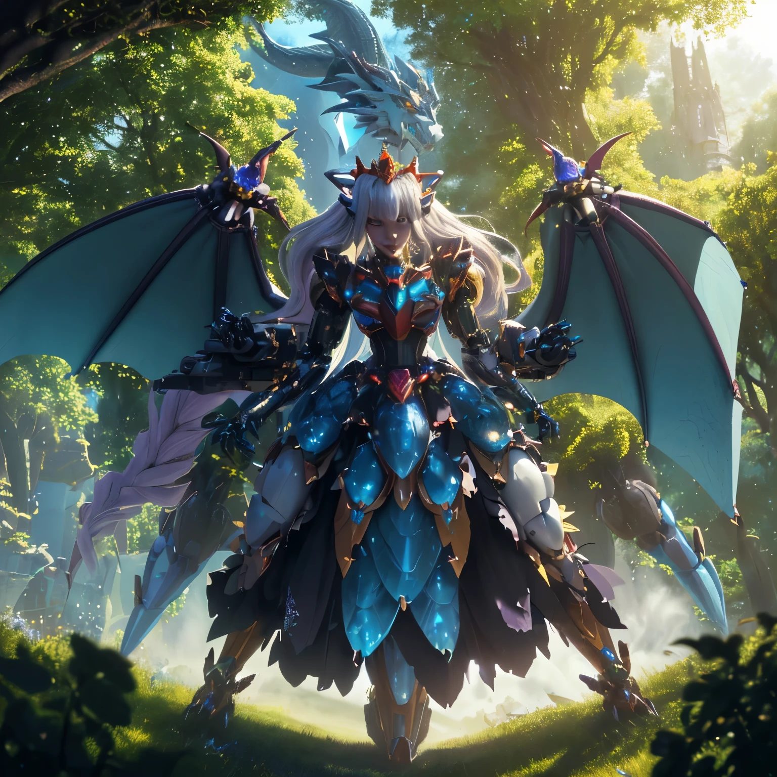 best quality,4k,highres,masterpiece:1.2,ultra-detailed,realistic:A Gundam style robot,rescuing a dragon,evil princess (Brea Larson),detailed robot design,detailed dragon scales,vibrant color scheme,action-packed scene,majestic dragon wings,heroic robot stance,robot armor shining in the sunlight,princess with a wicked smile,robot lifting dragon with ease,perfectly flowing dragon fire,battle in a lush forest,mysterious robotic technology,princess with intricate gown flowing in the wind,surrounding trees filled with life,emerging sunlight through the trees,dragon with fierce expression,robot with powerful laser beams,evil princess casting dark magic,dragon released from captivity,robot with glowing LED eyes,dragon scales sparkling,princess surrounded by a dark aura,long robotic arms with precise movements,dragon tail whipping through the air,robot with Gundam signature weapons,giant robotic feet creating earth-shattering impacts,detailed princess tiara shining,dramatic shadows and lighting effects,robot saving the day with determination,princess with a crown adorned with gems,dragon with majestic horns and spines,robot with jet thrusters propelling it forward,vivid colors highlighting the scene,magical sparkles surrounding the princess and the dragon,robot smashing through obstacles with ease,detailed robot cockpit showcasing advanced technology,dragon breathing fire in defiance,princess casting spells with gestures,robot's metallic armor reflecting its surroundings,dragon's scales with intricate patterns,detailed portrayal of emotions on the characters' faces,princess with flowing hair and a wicked grin,robotic fingers delicately carrying the dragon,princess's evil castle in the background,dragon with graceful movements,robot with imposing presence.