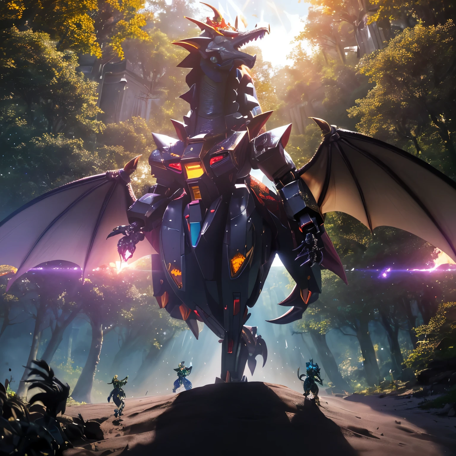 best quality,4k,highres,masterpiece:1.2,ultra-detailed,realistic:A Gundam style robot,rescuing a dragon,evil princess (Brea Larson),detailed robot design,detailed dragon scales,vibrant color scheme,action-packed scene,majestic dragon wings,heroic robot stance,robot armor shining in the sunlight,princess with a wicked smile,robot lifting dragon with ease,perfectly flowing dragon fire,battle in a lush forest,mysterious robotic technology,princess with intricate gown flowing in the wind,surrounding trees filled with life,emerging sunlight through the trees,dragon with fierce expression,robot with powerful laser beams,evil princess casting dark magic,dragon released from captivity,robot with glowing LED eyes,dragon scales sparkling,princess surrounded by a dark aura,long robotic arms with precise movements,dragon tail whipping through the air,robot with Gundam signature weapons,giant robotic feet creating earth-shattering impacts,detailed princess tiara shining,dramatic shadows and lighting effects,robot saving the day with determination,princess with a crown adorned with gems,dragon with majestic horns and spines,robot with jet thrusters propelling it forward,vivid colors highlighting the scene,magical sparkles surrounding the princess and the dragon,robot smashing through obstacles with ease,detailed robot cockpit showcasing advanced technology,dragon breathing fire in defiance,princess casting spells with gestures,robot's metallic armor reflecting its surroundings,dragon's scales with intricate patterns,detailed portrayal of emotions on the characters' faces,princess with flowing hair and a wicked grin,robotic fingers delicately carrying the dragon,princess's evil castle in the background,dragon with graceful movements,robot with imposing presence.