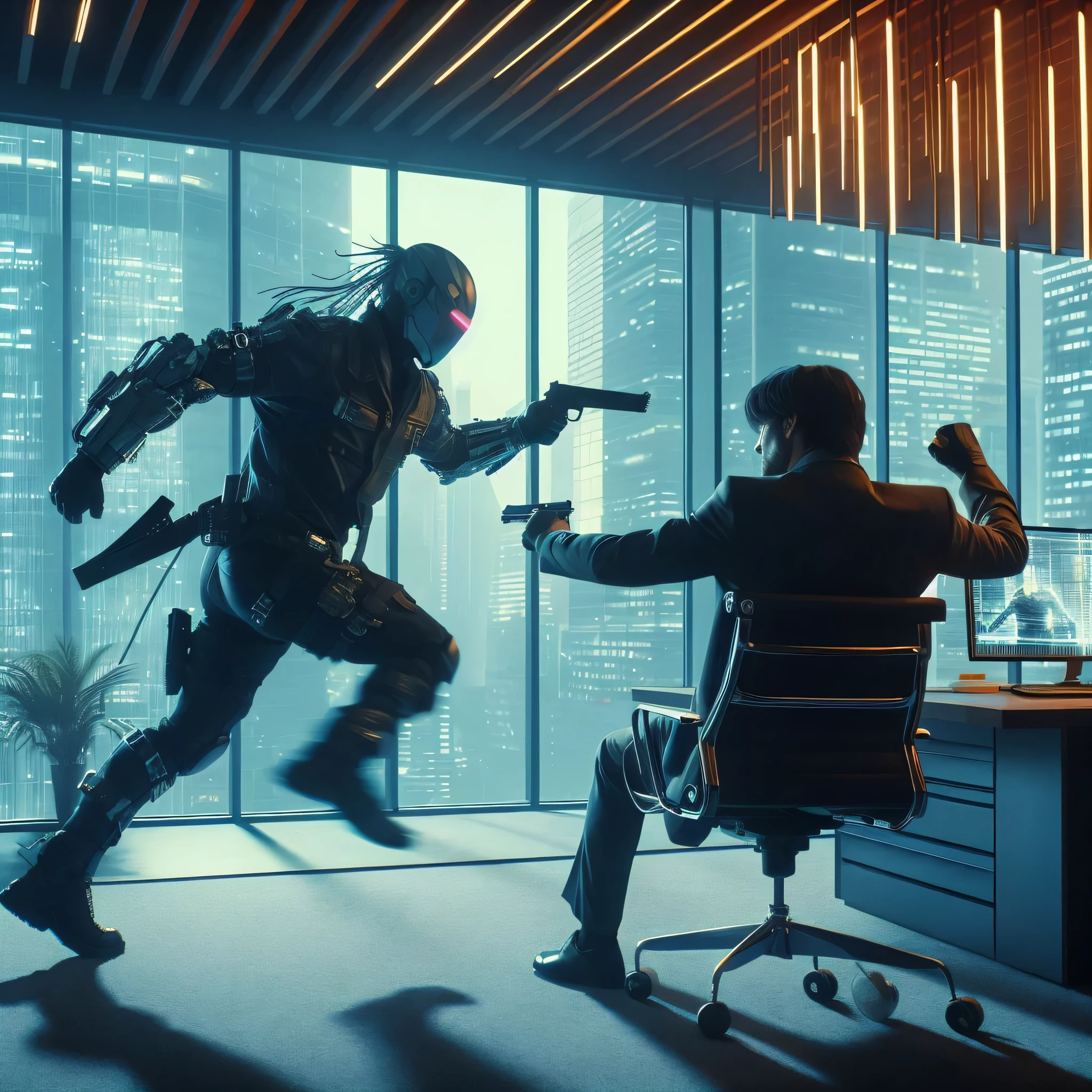 arafed image of a man in a suit running towards a man in a chair, hyper-realistic cyberpunk style, futuristic cyberpunk scenario, cyberpunk art ultrarealistic 8k, cyberpunk 8 k, cyberpunk art style, in cyberpunk style, riot in a cyberpunk city, more and more cyberpunk, cyberpunk style ， hyperrealistic, has cyberpunk style, depicted as a scifi scene