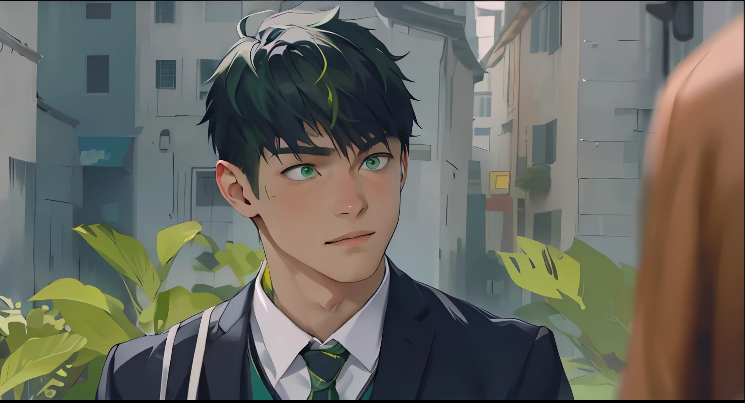 There is a handsome 16 year old boy with white skin, green hair, green eyes. 