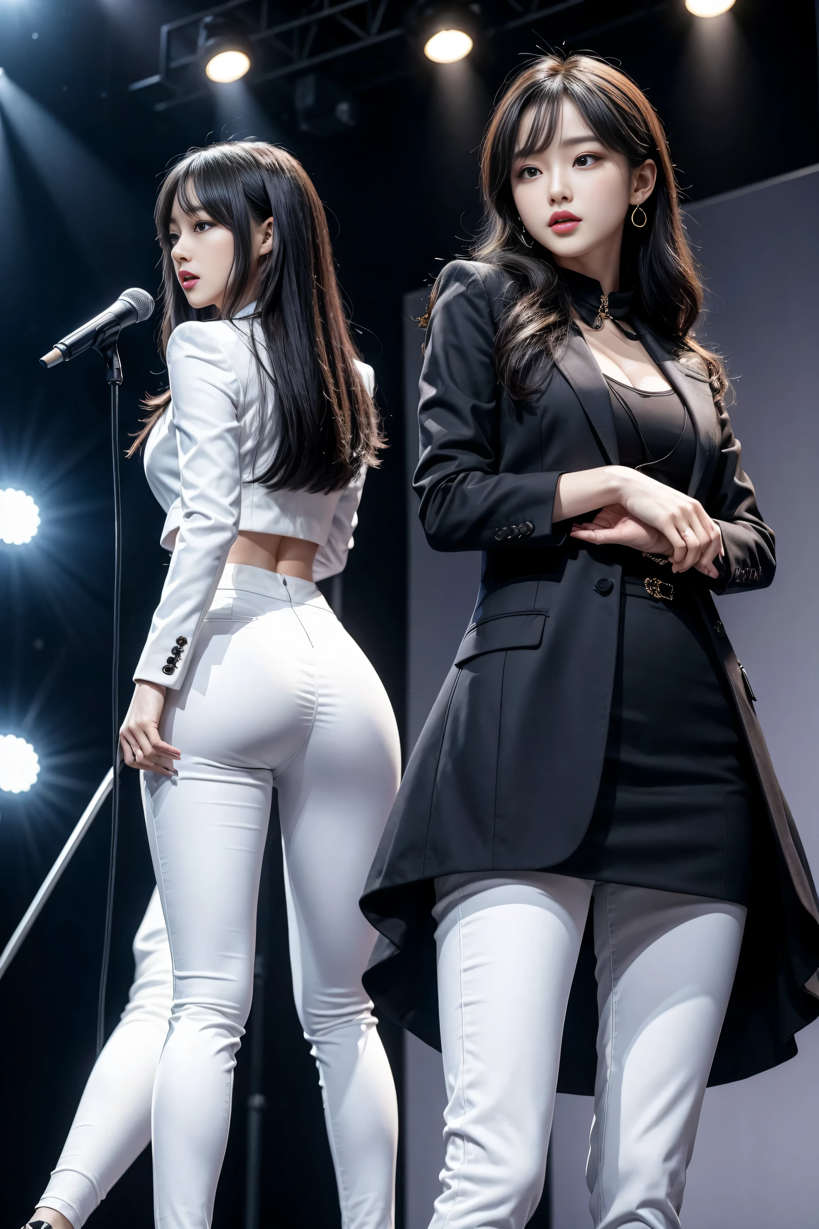 (8k,best quality,masterpiece,actual,super detailed:1.3),(1 girl,beautiful korean girl, kpop idol),(black blazer:1.2),(white leggings:1.1),(Serious expression:1.2)discuss,(speech,handheld microphone:1.2)(crowd,audience:1.3),Sexy long legs, (Thigh clearance:1.5),wide hips,S-shaped body, Hips raised,,black hair,(ass focus:1.1)shot from behind