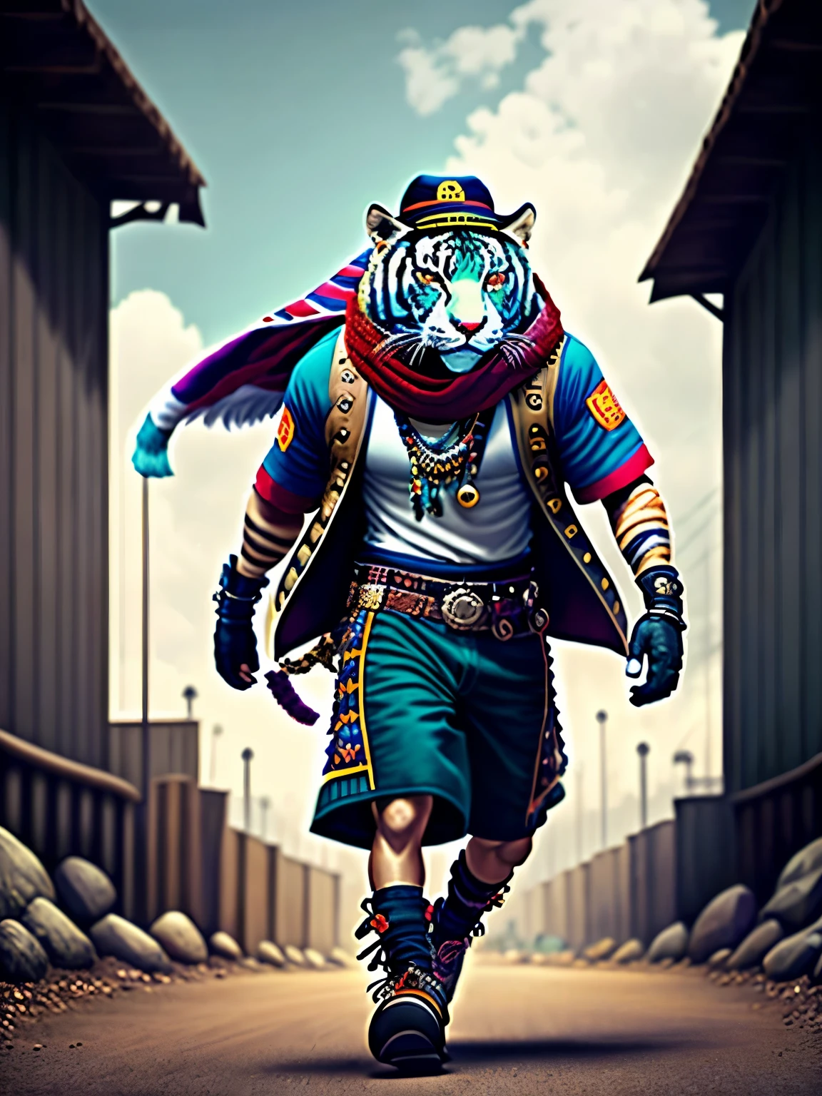 imagen de un tigre furioso con sombrero y bufanda, art station trend, vestido con ropa punk, Hyper-realistic detailed rendering, british gang member, Estilo urbano, pose intimidante, planeta de gatos, ropa de moda, samurai urbano, maullar, rasgos eslavos occidentales, 8 1 5