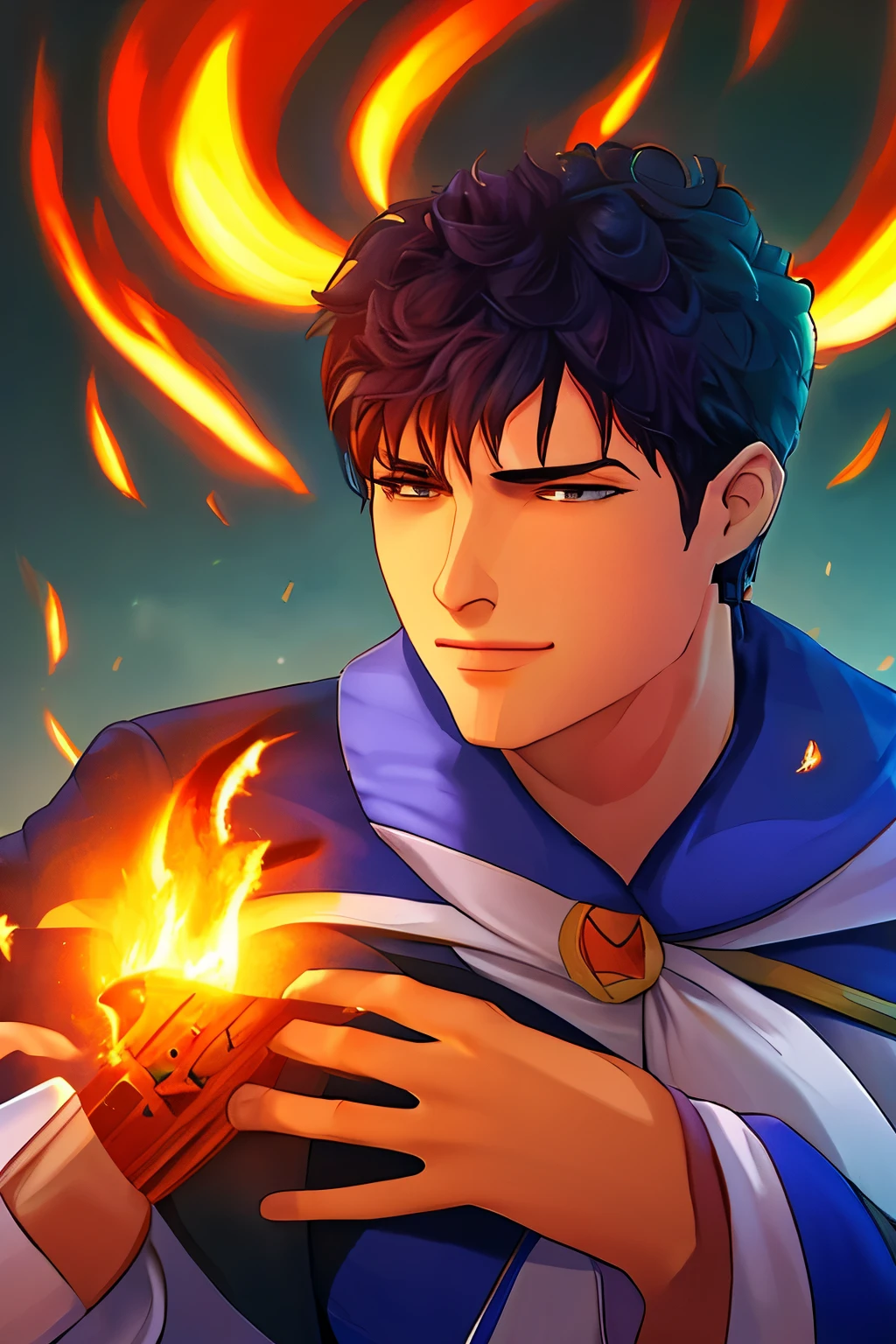 um jovem adulto, de aproximadamente 21 anos de idade, with the ability to control fire with his hands, ele usa uma roupa de pano marrom, tem os cabelos loiros e longos, passando dos ombros. He is white and has a burn scar on his left eye.