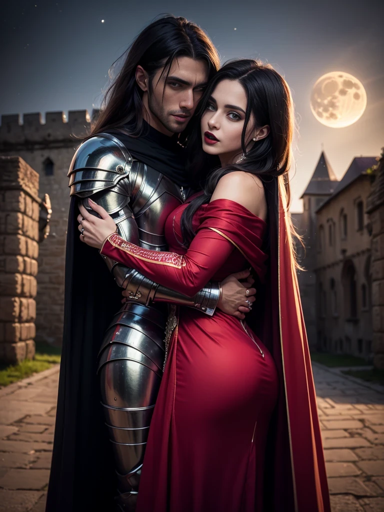 woman (((((satisfied, night, dark, full moon, green velvet evening gown, black red cape, vampire, (((handsome athletic male embracing ([african:european:0.5] woman)))), black chrome armor:1.8, romance novel cover, medieval castle)), black lips, dark makeup))), posing, dynamic cinematic pose, at night, dark, feminine athletic detailed body and face, highly detailed expressive , space above head, depth of field, ultra realistic, Fujifilm, BREAK (long dark hair), (((8k, hyperrealistic)))