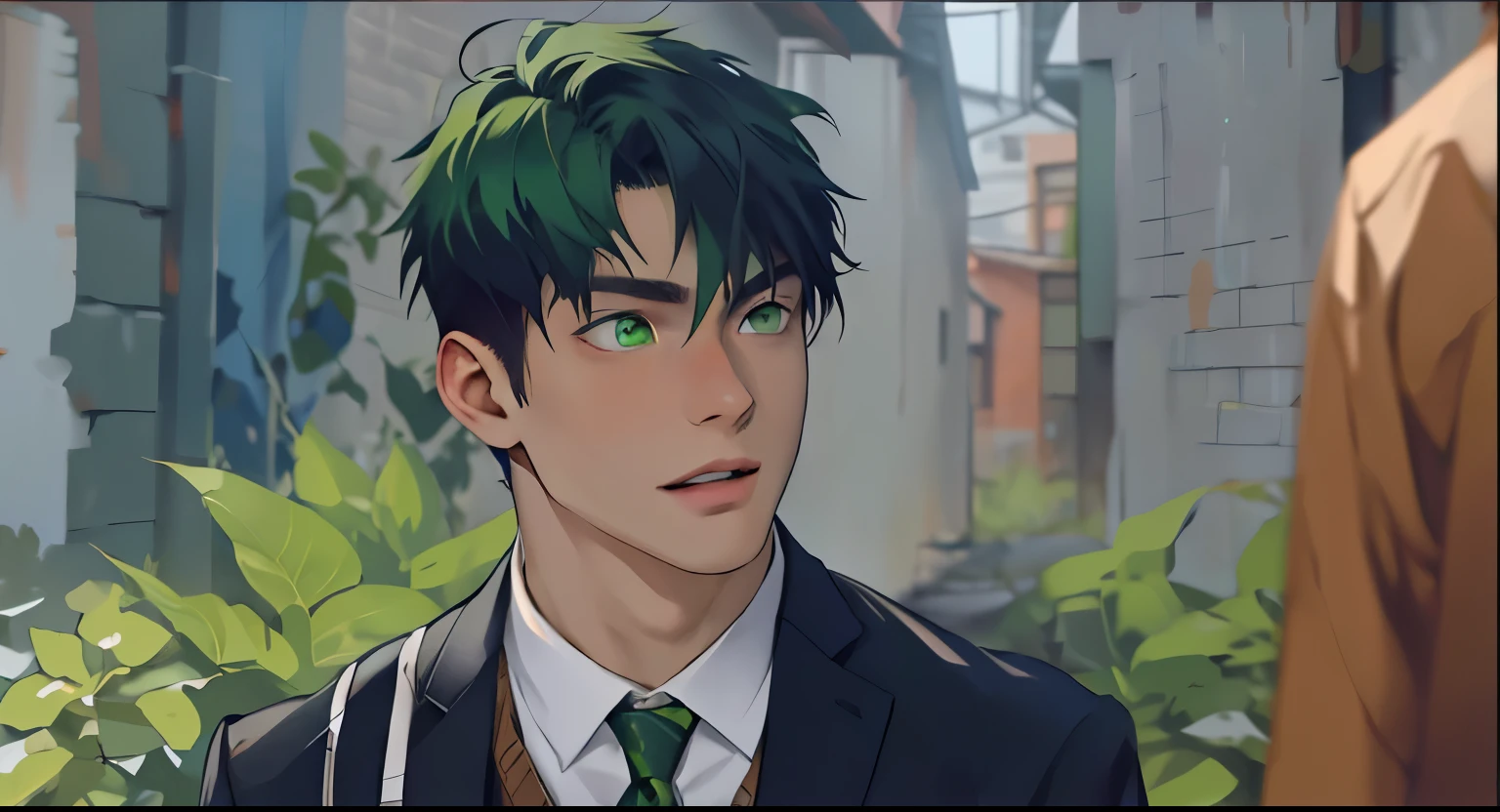 There is a handsome 16 year old boy with white skin, green hair, green eyes. 