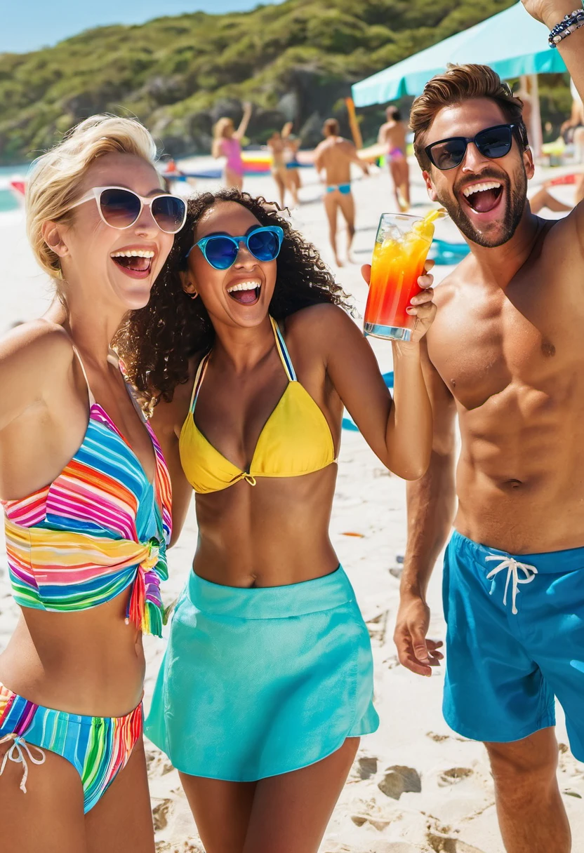 Capture the vibrant joy of friendship under the sun. Imagine a close-up shot of a diverse group of friends, all smiling and laughing, as they revel in a beach party. The scene is alive with energy, with colorful beach towels spread out on golden sand.
In the center, a group of four friends, two women and two men, are in focus. They are wearing swimsuits and sunglasses, toasting with colorful drinks in hand. One woman has her arm around another's shoulders, both laughing wholeheartedly. The two men are playfully tossing a beach ball back and forth.
Around them, more friends are scattered, some dancing to music playing in the background, others lounging on beach chairs and hammocks. In the distance, the ocean waves gently kiss the shore under a clear blue sky.
The atmosphere is one of pure celebration and friendship, capturing a moment of carefree happiness and summer bliss.
