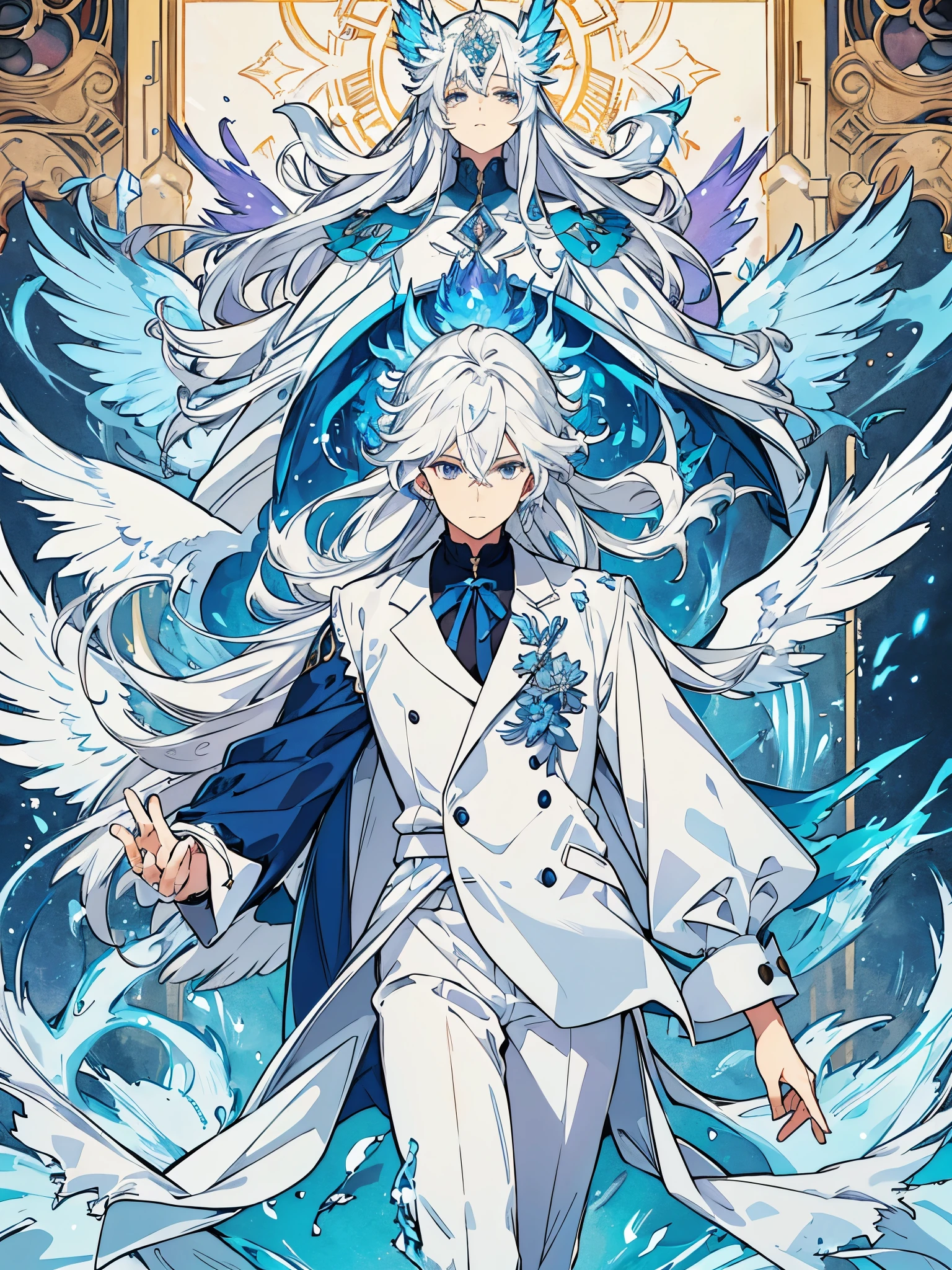 A very pretty boy with long white hair, he is wearing a very elegant outfit, his outfit look like for girl but it is for boy, and behind him is a blue flame phoenix, the blue flame phoenix is between the destroy god Violet and the God of Beauty Aphrodite