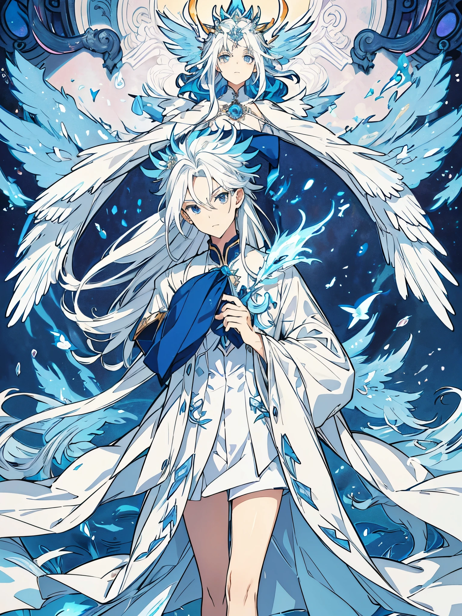 A very pretty boy with long white hair, he is wearing a very elegant outfit, his outfit look like for girl but it is for boy, and behind him is a blue flame phoenix, the blue flame phoenix is between the destroy god Violet and the God of Beauty Aphrodite