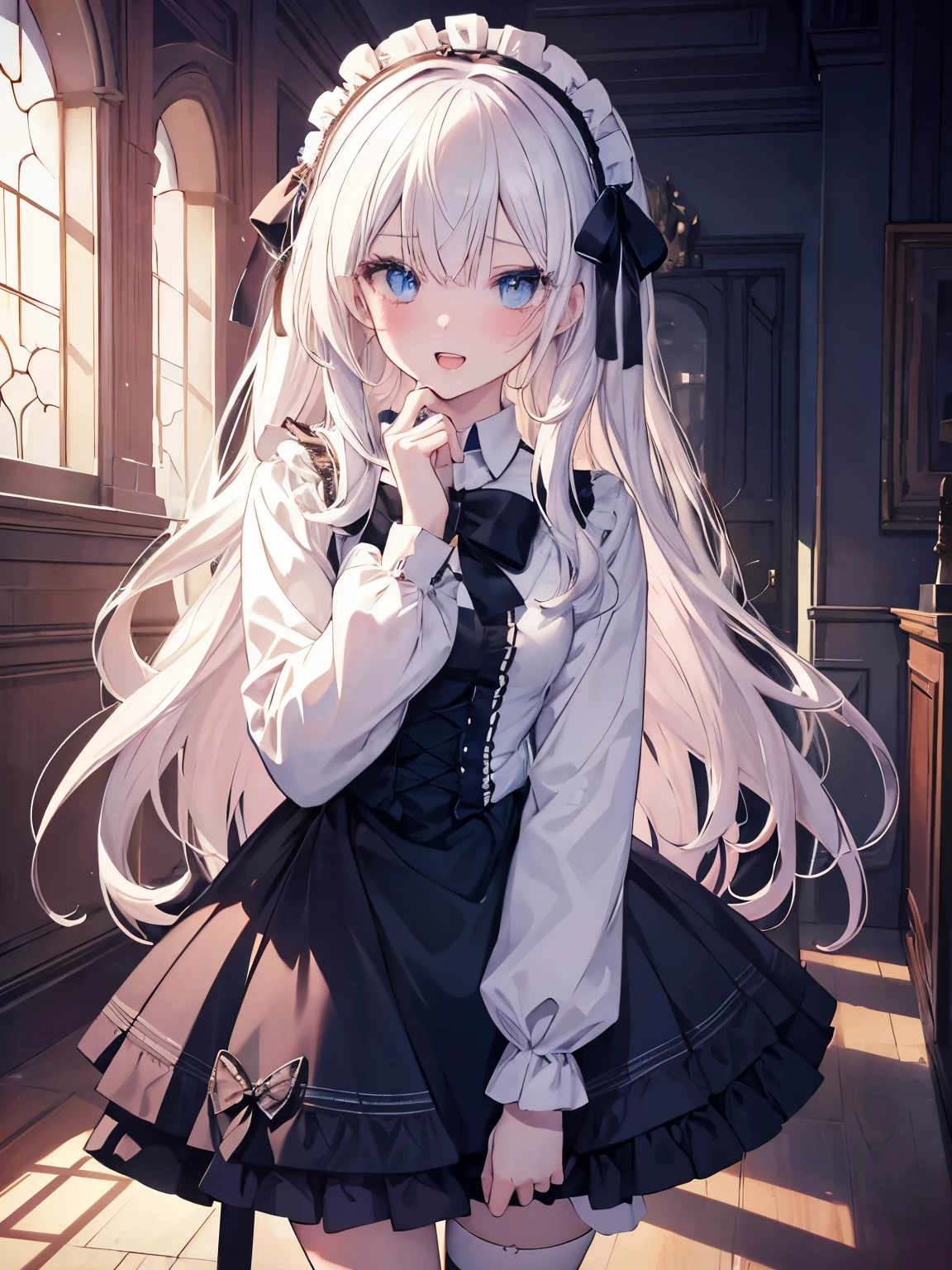 masutepiece, Highest Quality, (Perfect face:1.1), (high detailing:1.1), (ultradetailed eyes), Dramatic, superfine illustration, Extremely detailed, 1girl in, teenager,(pale skin), long white hair, Ethereal eyes, Blue eyes,blush,Solo,Smile, Happy, Laugh, Enjoy, Open mouth, Pouty lips,Cinematic lighting,upper body,looking up, leaning forward,Long sleeve, Gothic lolita, frilld, bow ribbon,knee high socks,indoor,night