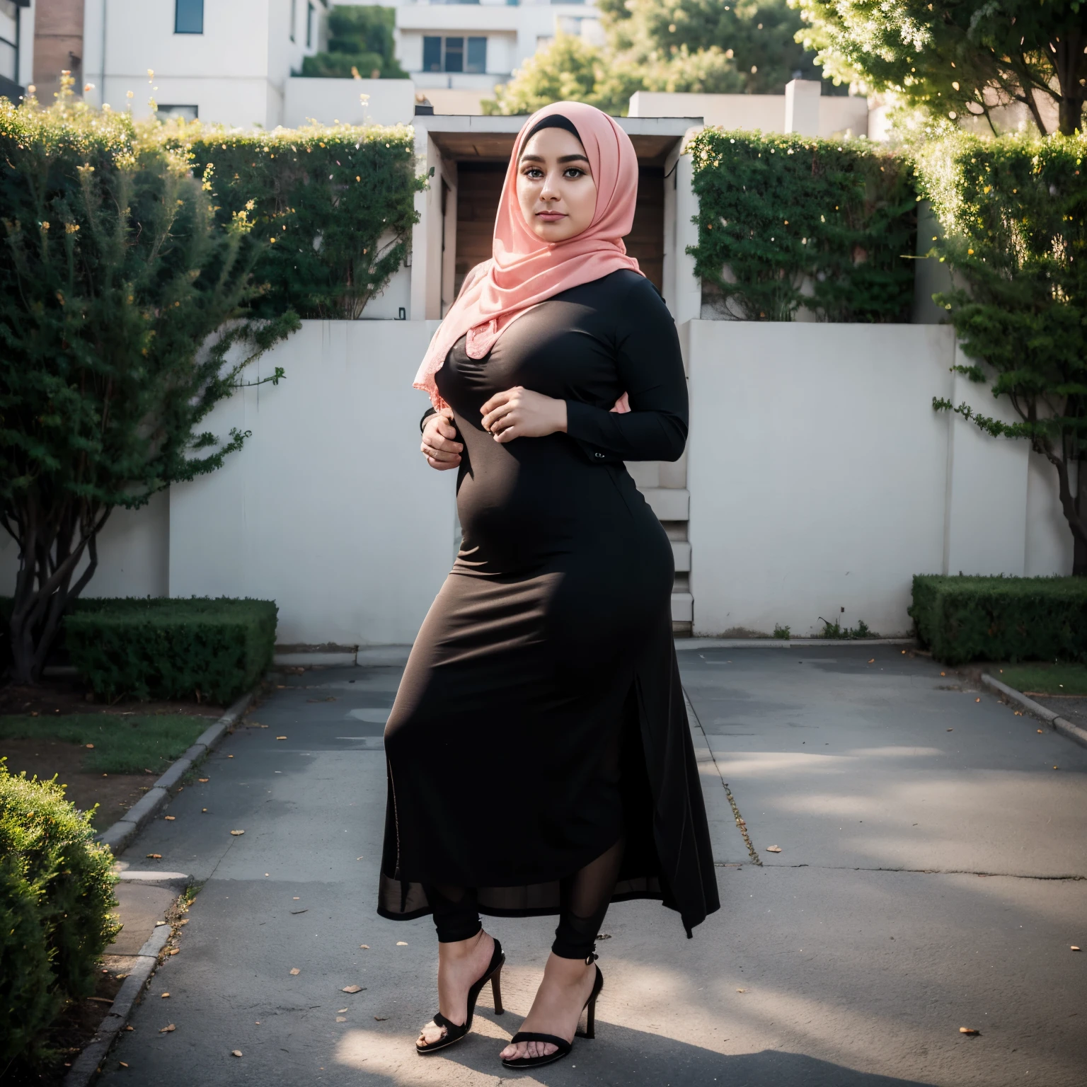 RAW, nude, naked, chubby body, araffe hijab woman in a black dress and pink hijab posing for a picture, full body portrait shot, outdoors business portrait, ameera al taweel, full body and head shot, full body photgraph, chubby body, full body portrait posing, ameera al-taweel, mid body portrait, full body photograph, mid shot portrait, elegant confident pose, chubby body